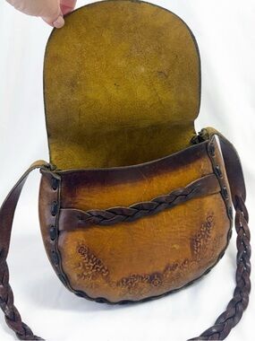 LEATHER Floral Embossed Shoulder Bag, Front Flap, Braided Strap